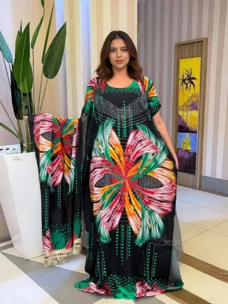 

2025 New Fashion Hot Diamond Large Scarf Tassel Ethnic Bubu Loose Breathable African Cotton Women's Printed Dress