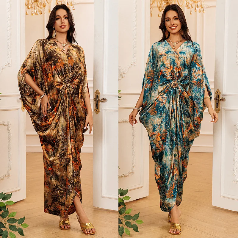 

Ab492 2026 Summer New Style Patchwork Printed Long Dress Fashionable Pullover Dress Abaya Ramadan Dubai Luxury Islam Elegant