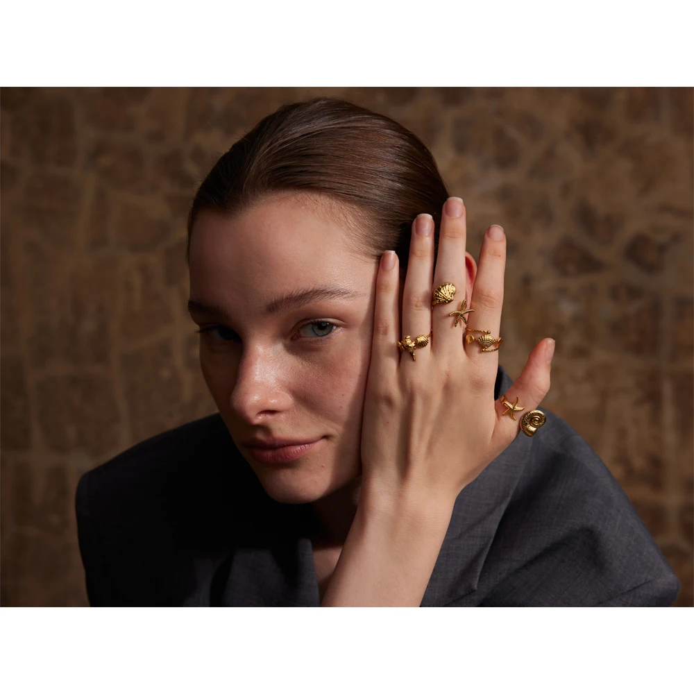 Yhpup Summer Ocean Style Shell Starfish Conch Adjustable Golden Ring 18K PVD Plated Stainless Steel Daily Jewelry Gift