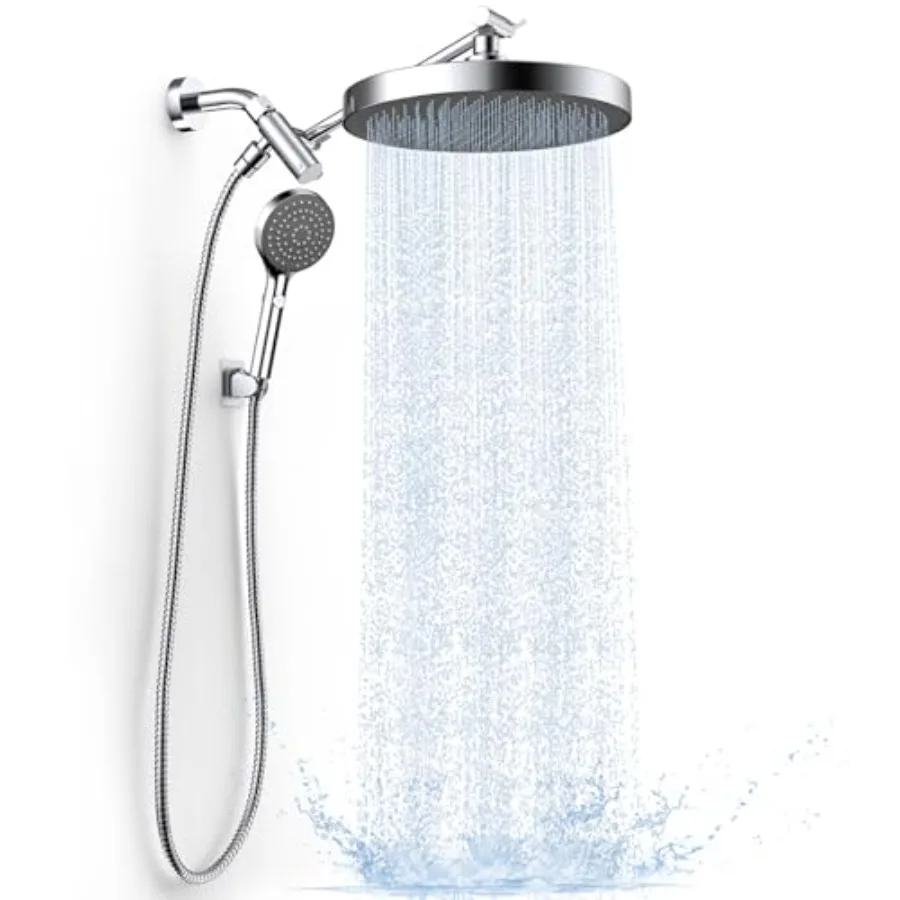

High Pressure Rain Shower Head with Handheld Spray Combo 10" Rainfall Shower Head with Adjustable Integrated Extension Arm Deta
