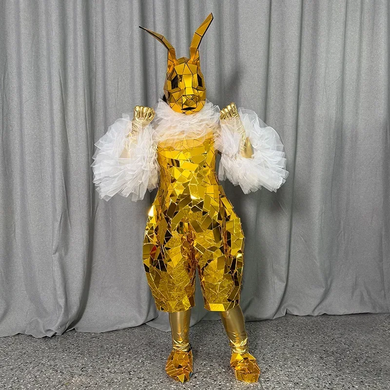 

Gold Mirror Rabbit Mascot Cosplay Costume Adult Women Easter Festival Parade Party Outfit Bunny Carnival Jumpsuit Men DJ cloth
