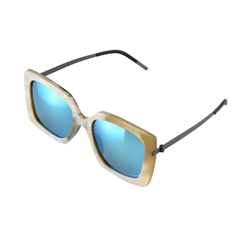 

European and American trendy large square frame sunglasses titanium legs plus natural horn frame mixed with polarized lenses