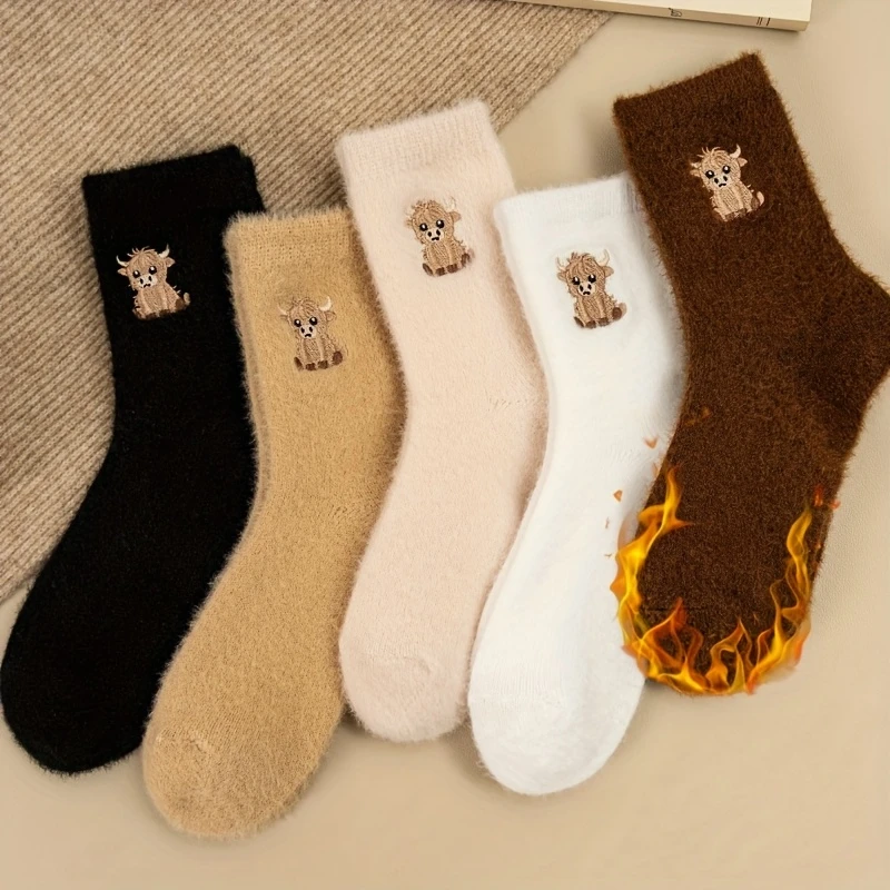 

5 упаковок, женские однотонные носки до середины икры с рисунком коровы, утепленные носки-тапочки, носки для сна для беременных, мягкие и удобные