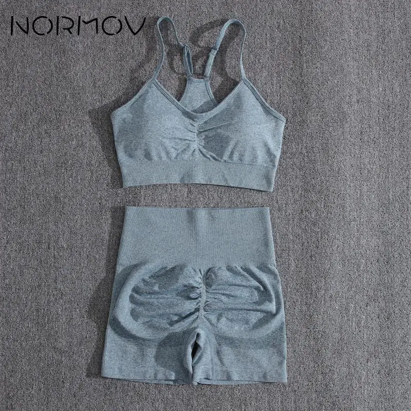 NORMOV-Conjunto de Treino De Duas Peças Para Mulheres, Conjunto De Ioga Sólido, Fato De Treino Sem Costura, Booty Shorts Esportivos, Push Up, Nádegas De Pêssego, Ginásio Shorts