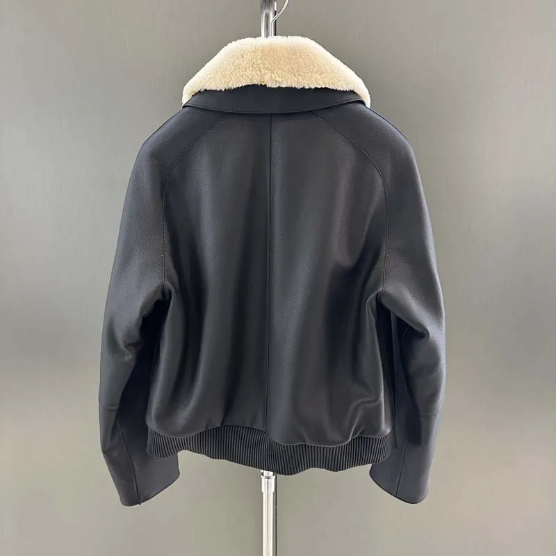 giacca in vera pelle colletto rovesciato con vera lana La fodera è foderata con cappotto da donna in cotone invernale e autunnale