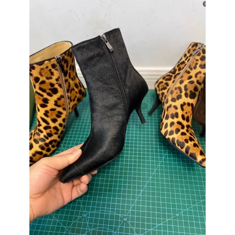 Leopard Print Horsehair Temperament Pointed Head High Heel Thin Short Boots Fashion Fur Integrated Thin Heel Short Boots Women