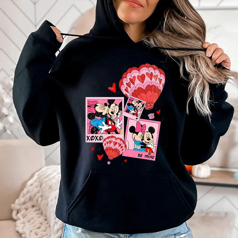 Disney Mickey Minnie Love Valentines Hoodies Women's Sweatshirts Casual Tops Loose Women's Valentine's Day Gift