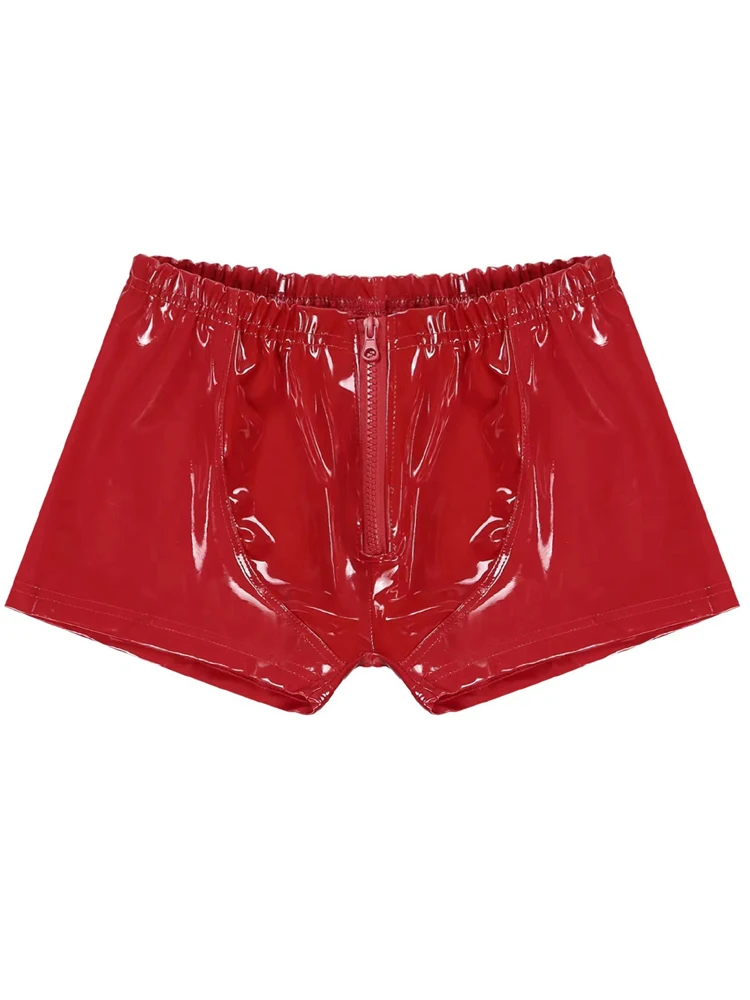 S-5XL Wet Look PVC Mens Boxer Briefs Shiny PU Leather Shorts Zipper Trunks Tight Hot Sexy Boxershorts Calzoncillos Mini Bermudas