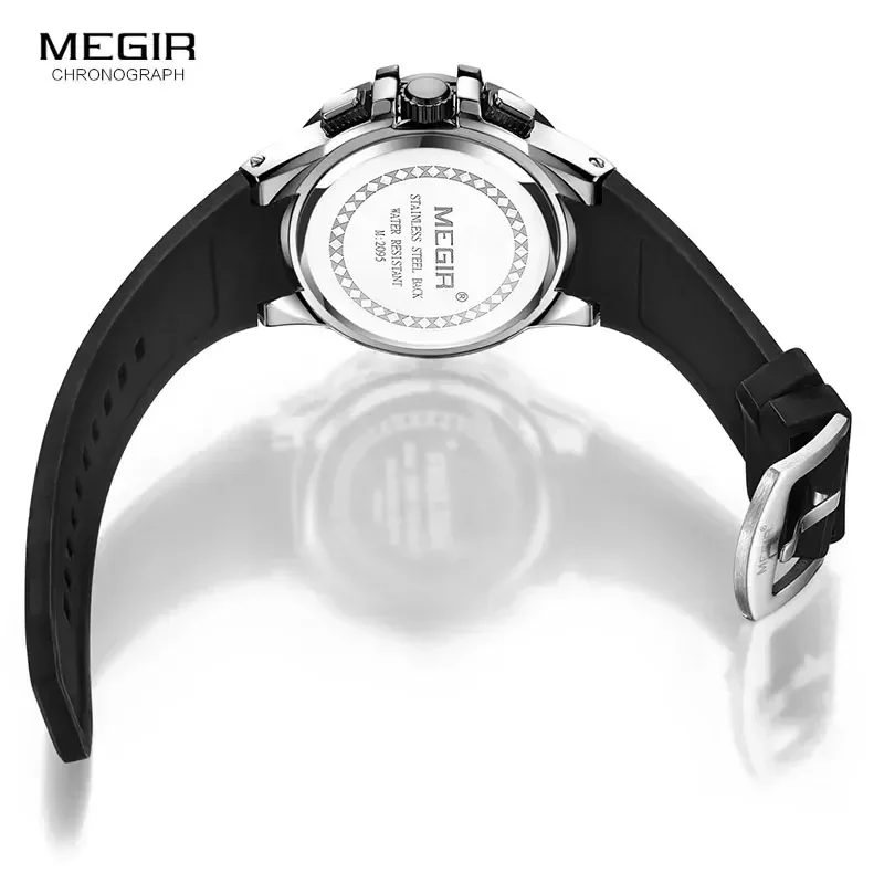 MEGIR-Montre-bracelet de sport militaire en silicone pour homme, montre-bracelet à quartz de l'armée, montres chronographes, argent, noir, marque supérieure, 2095