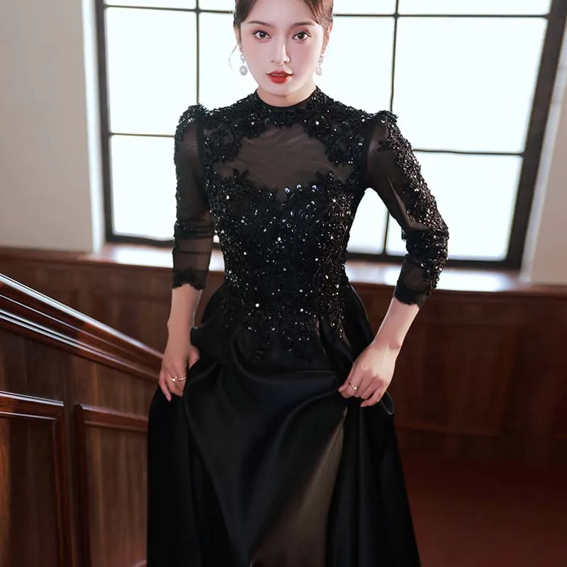 

Black Eveing Dresses Beading Appliques High Collar Full Sleeves Zipper Back A-line Floor Length Plus size Lady Party Dress A2466