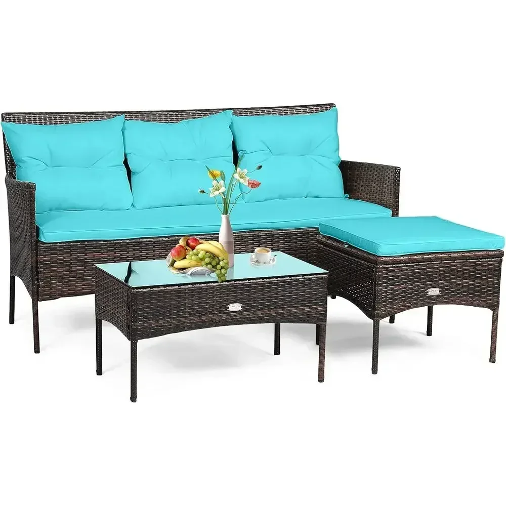Turquoise 3-Piece Outdoor Patio Sectional Set with Rattan Wicker, 5 Cushions, and Tempered Glass Table