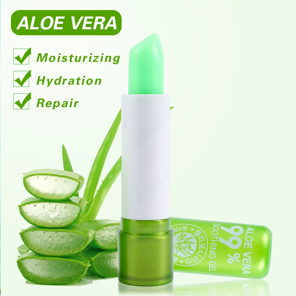 1PC Aloe Vera เปลี่ยนสีลิปสติก Moisturizing Lip Balm อุณหภูมิสีเปลี่ยนยาวนานไม่ง่ายที่จะจางหายลิปสติก