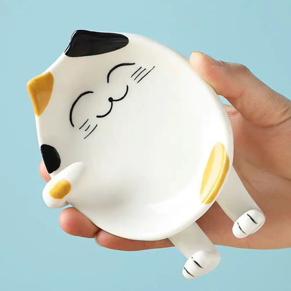 2Pcs Ceramic Spoon Rest Set Cute Cartoon Cat Shape Kitchen Utensil Holder Spoon Rack Pot Lid Stand for Stove Top Counter Clean