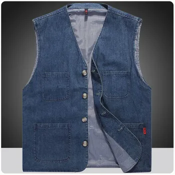 Men's Casual Denim Cotton Utility Vest Button Up Outdoor Pocketed Waistcoat Men Casual Slim Fit Sleeveless Jacket Vests Clothing