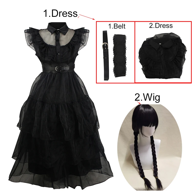 Wednesday Addams Cosplay Costume Halloween Carnival Ball Party Black Sleeveless Dress Summer Long Skirt For Height 110-185cm