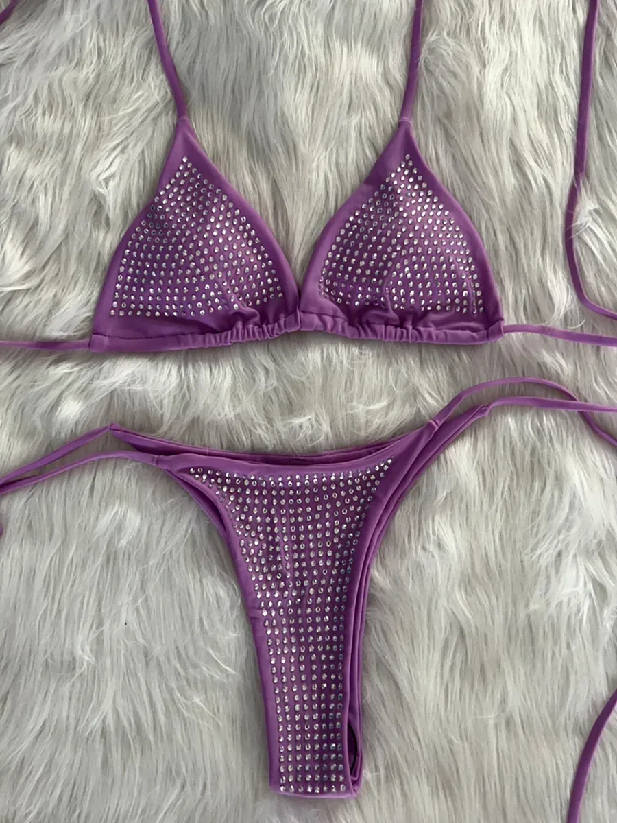 Brilhante lantejoulas diamante biquíni feminino maiô de duas peças conjunto de biquíni envoltório em torno do halter maiô nadar beach wear