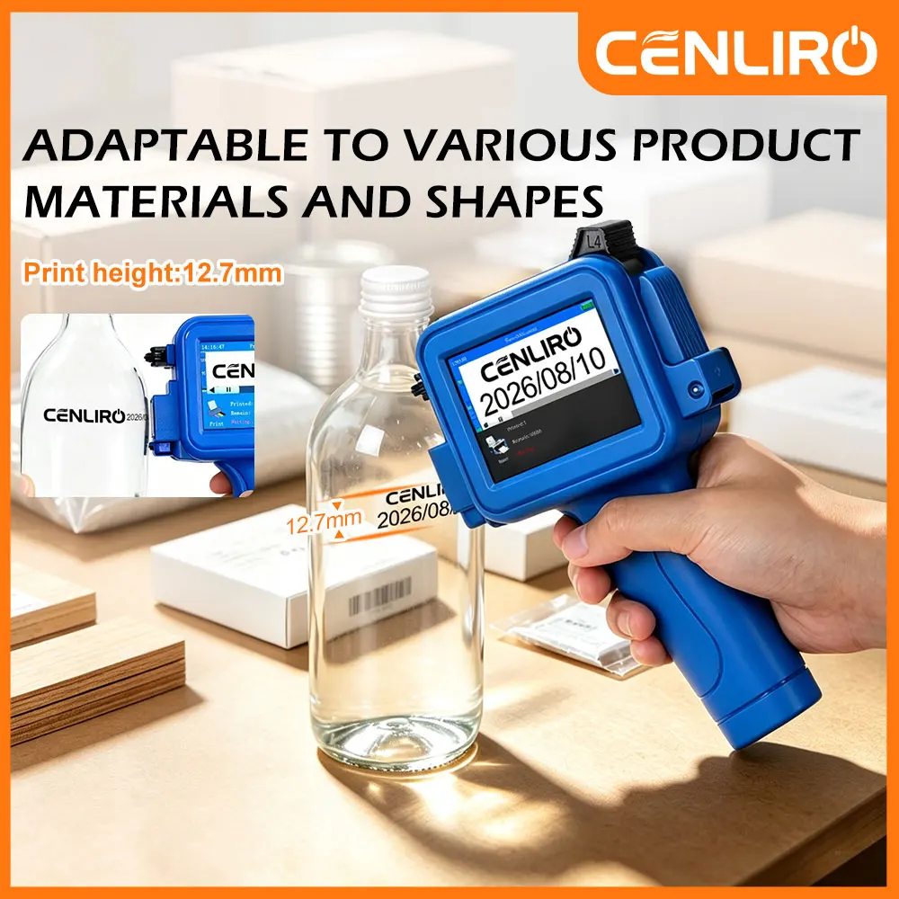Impresora de inyección de tinta portátil Cenliro Mini CL11P con cartucho de tinta negra de secado rápido para imprimir fechas, números de lote, logotipos y códigos en cualquier superficie.