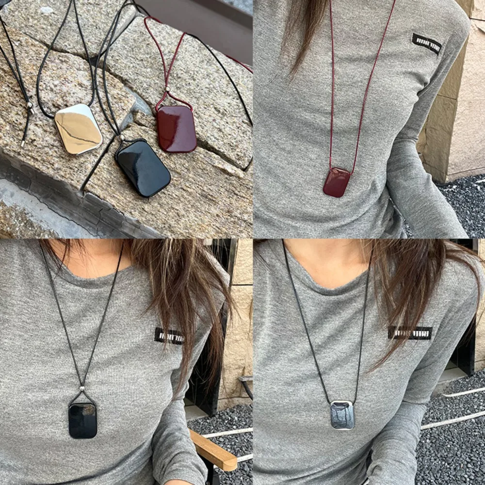 Black Rope Drawstring Metal Square Pendant Necklace for Women Girls Simple Long Sweater Chain Fashion Accessories Jewelry