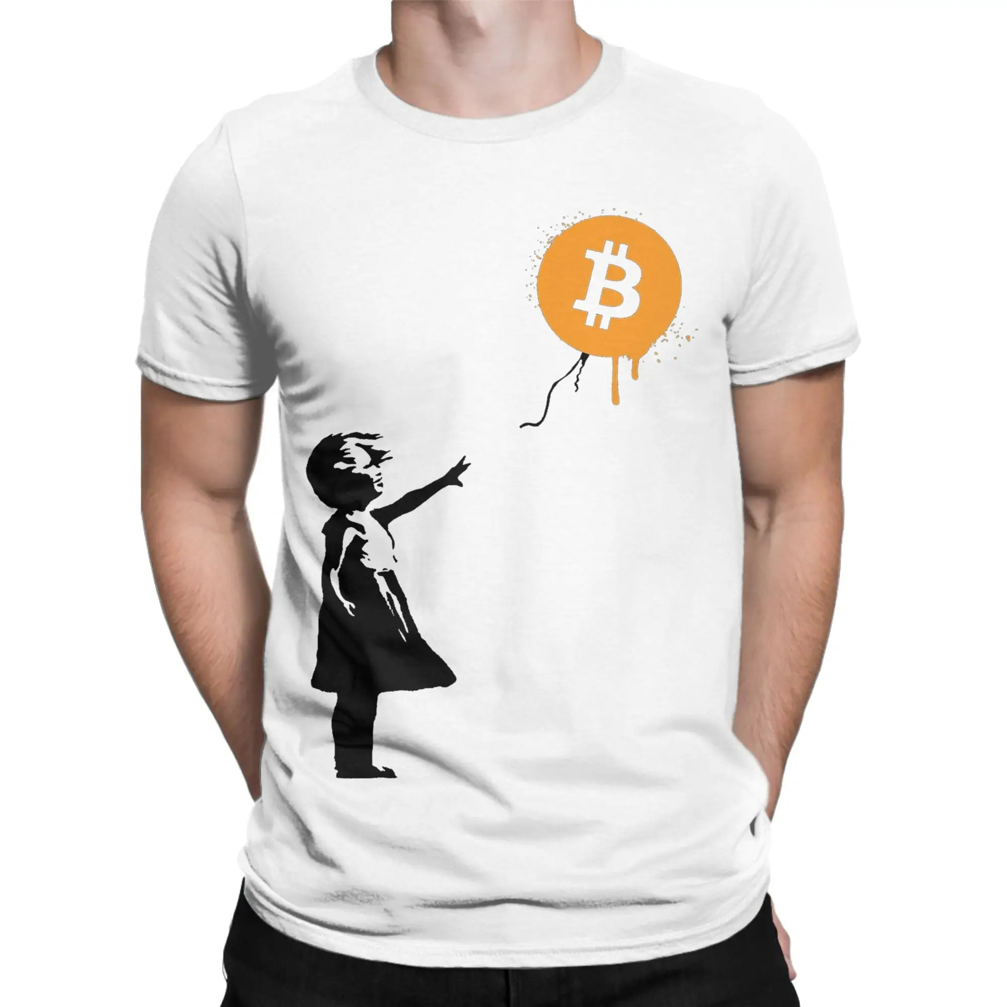 Banksy Balloon Girl Bitcoin Spray T Shirts Men's  100% Cotton Fashion for Male T-Shirts  Short Sleeve Clothing Graphic Printed