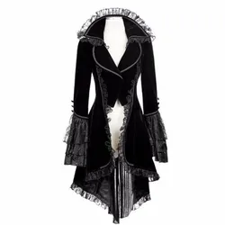 Women Lace Trim Coat Black Steampunk Victorian Style Gothic Jacket Medieval Noble Court Dress Plus Size 1PC Coat