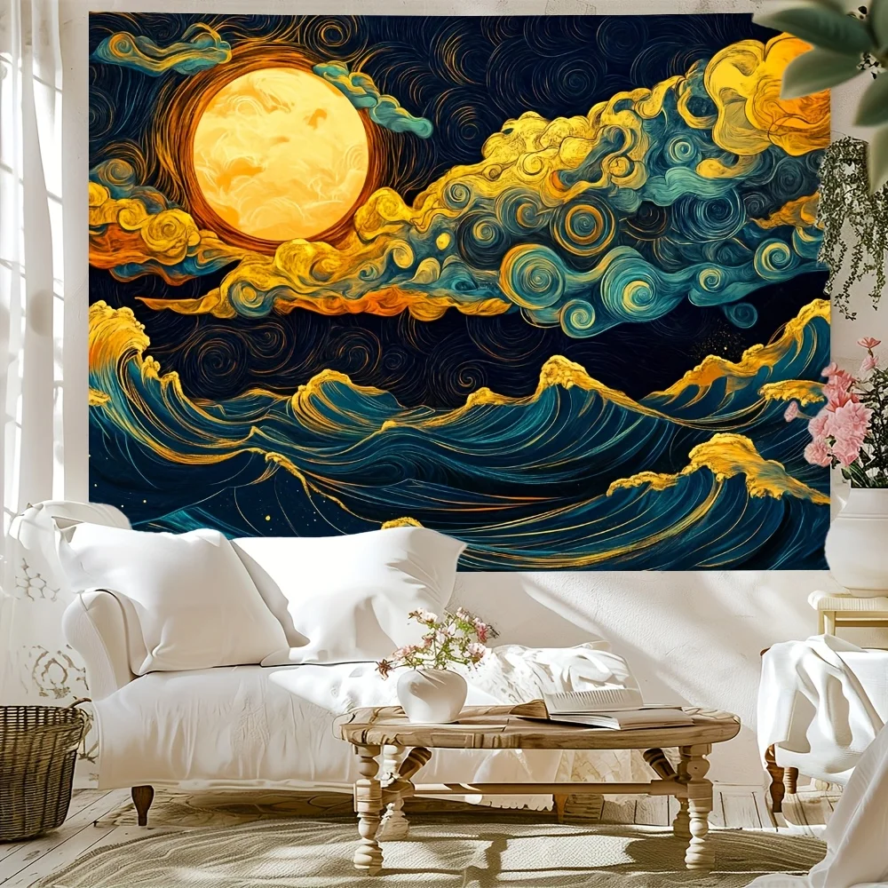 1 Stück Vollmond Ozeanwelle Himmlischer Wandteppich Tiefblau Gold Schwarz Zuhause Schlafzimmer Party Dekor Geschenk