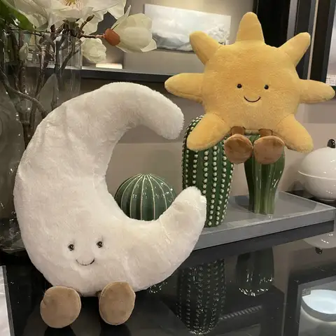 Adorable sourire visage blanc lune jaune soleil peluche peluche mignon dessin animé météo peluche jouet pour enfant chambre décor canapé jeter oreiller