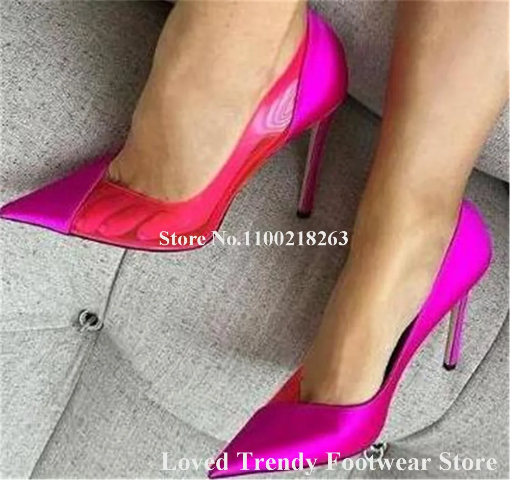 Sexy Pink Satin Patchwork PVC Stiletto Heel Pumps Charming Pointed Toe Slip-on Thin Heel Dress Shoes Wedding Heels Big Size