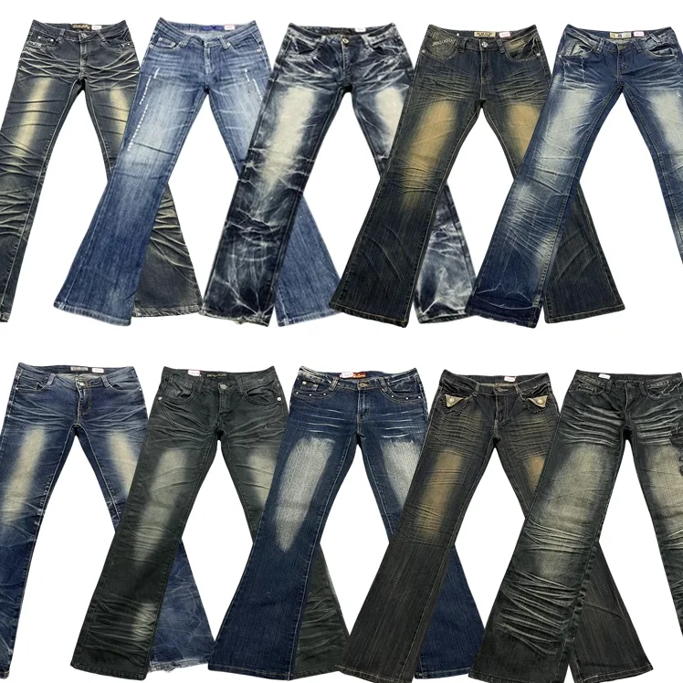 กางเกงยีนส์วินเทจเอวต่ำทรงขากว้างแบบไมโครเฟลร์ สไตล์ Y2K มิลเลนเนียม สำหรับสาวๆ ทรงหลวม ยืดหยุ่นปานกลาง