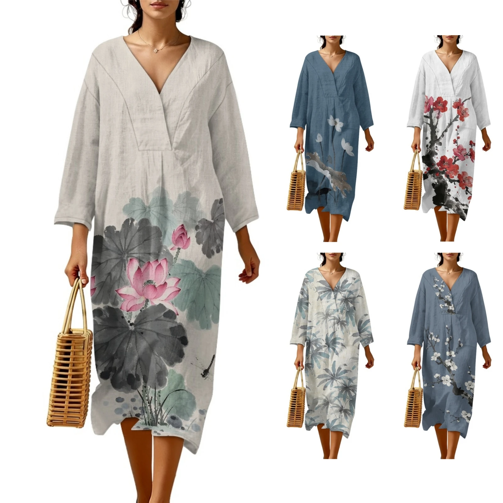 

Women's Linen Loose Dress Chinese Ink Painting Style Floral Print V-Neck Long Sleeve Linen Dresses Oversized Elegant Clothing