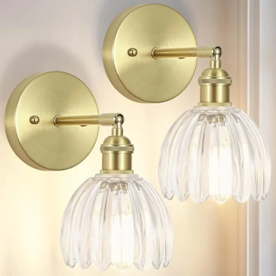 

Hardwired Wall Sconces Set of Two, Vintage Wall Lights with Clear Tulip Glass Lampshade, Gold Wall Lamps for Bedroom Bedside St