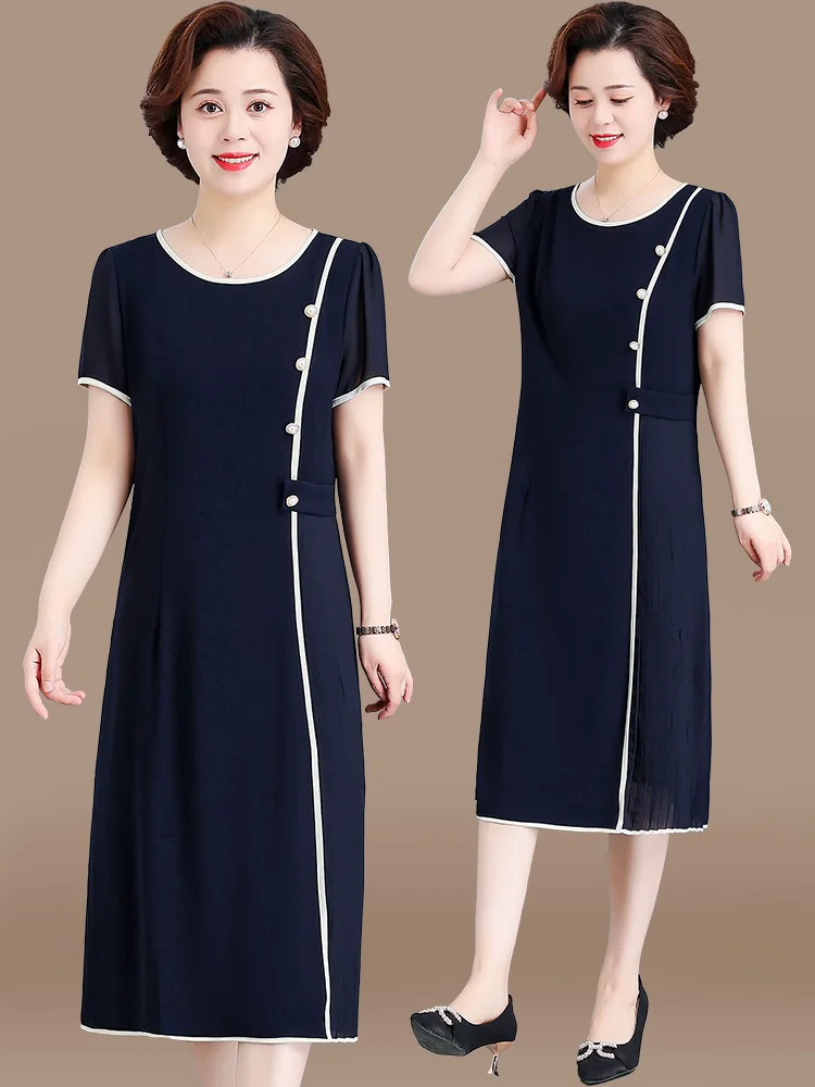 

Faionable ort Sve Midi Dr for Middle-Aged Women Summer New Sle Chiffon Skirt Loose Fit Button Detail Polyester Blend