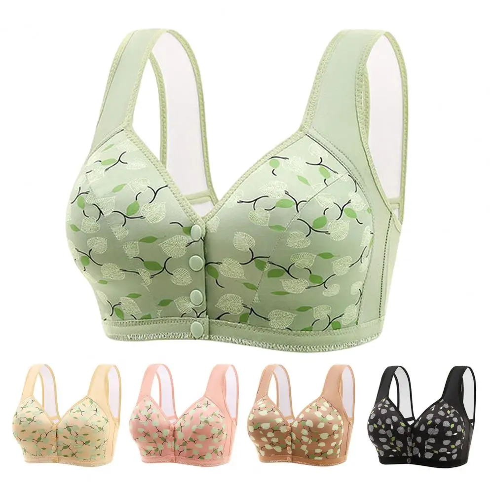 Lightweight Bra Vest-style Bra Floral Print Mid-aged Women's Sports Bra Elastic Shoulder Strap Front Button Closure for Yoga