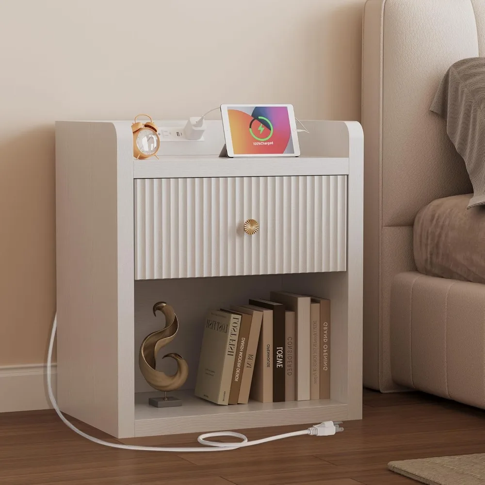 

Fluted Nightstand Night Stand with Charging Station, Bedside Table with Drawer Storage, Modern Wood End Table with Open Shelf,
