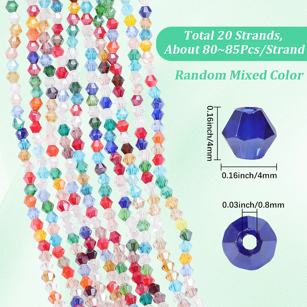 20 Strands 1600PCS 4MM Bicone Glass Beads with Hole Faceted Mixed Color Sparkle Rainbow Transparent Spacer Loose Bead Bulk