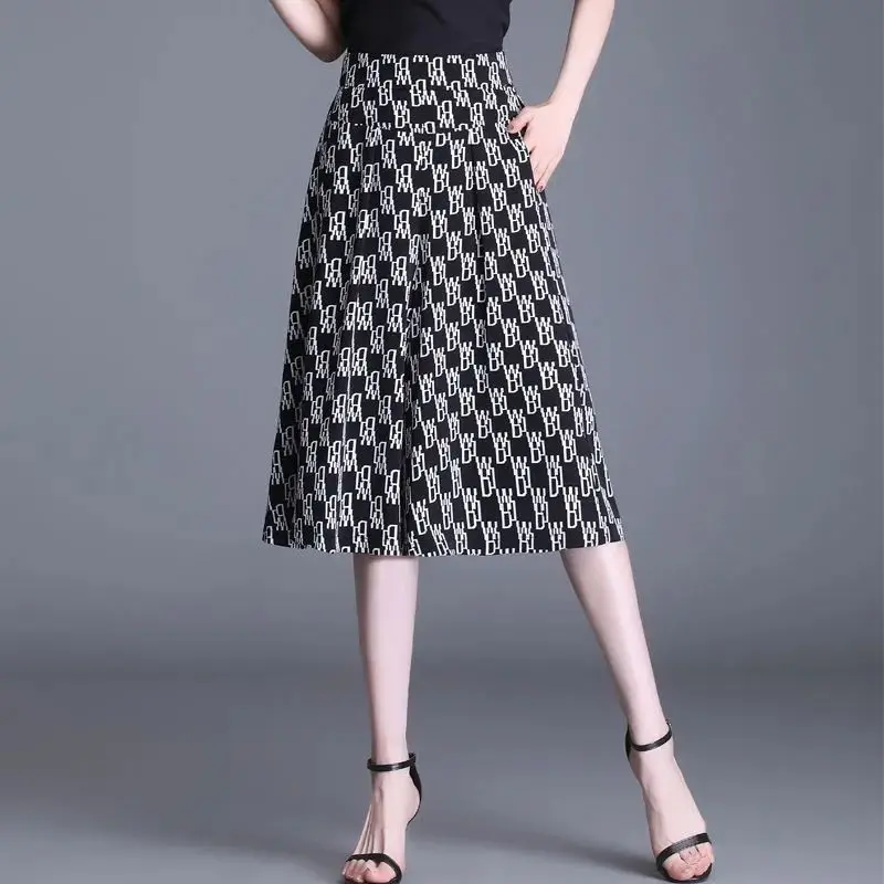 Summer New Fashion Simple Elegant High Waist Wide Leg Pants Women Print Letter Pockets Loose Casual Straight Thin Casual Skirts