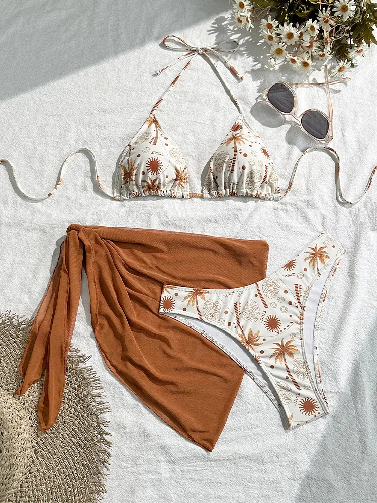 Print Laced Up Bikinis Women Split Swimsuit Beach Vacation Bikini 2026 New All Season Sexy Backless Bikini Mesh 3 Piece Set