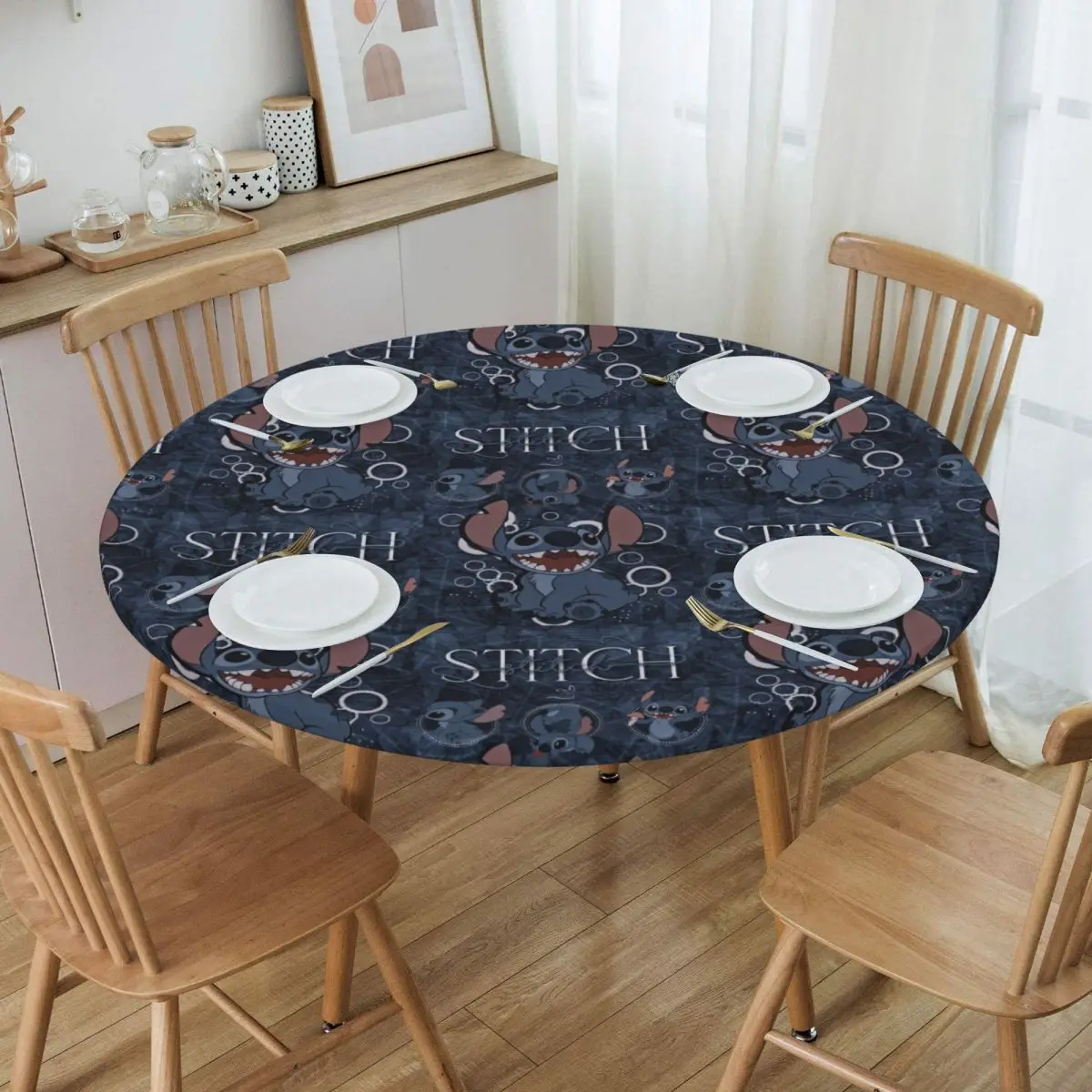 Custom Round Oilproof Disney Stitch Lion Table Cover Elastic Kawaii Table Cloth Backed Edge Tablecloth for Picnic