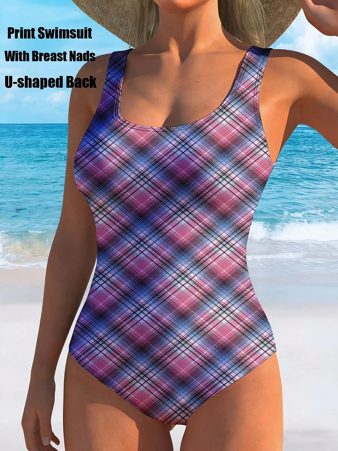 

Цельный купальник с клетчатым принтом, U-образным вырезом, U-образной спинкой, высокой талией, облегающий, для пляжа и бассейна