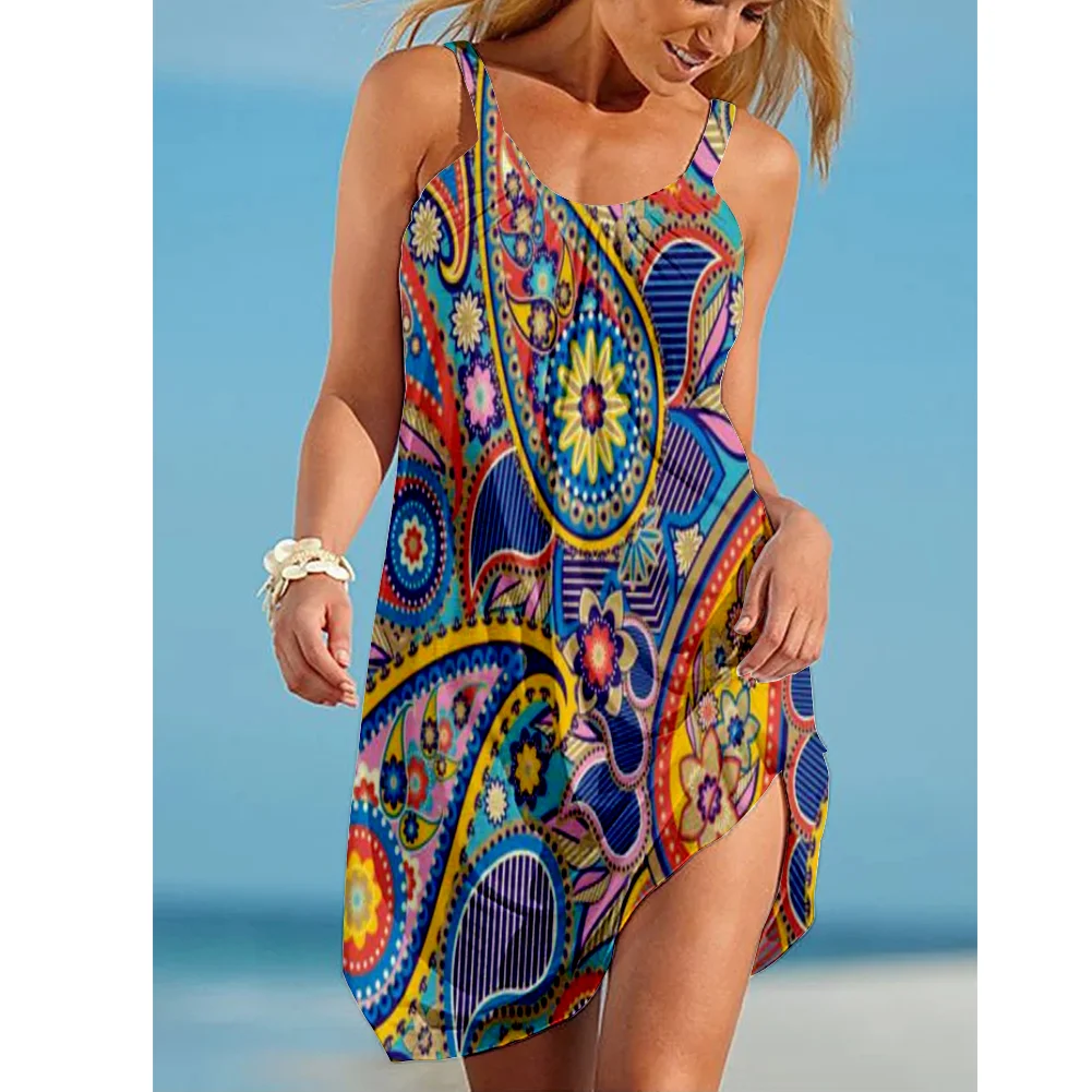 

New Summer Bohemian Sexy Beach 3D Printed Pattern Women's Sleeveless Hawaiian Leisure Vintage Beach Dress with Sling