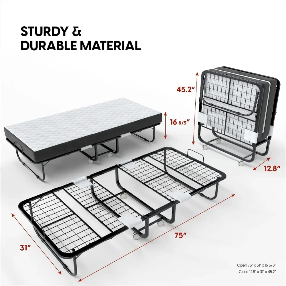 Folding Bed with Mattress,75x31 Size,Portable Foldable Roll Away Adult Bed for Guest,5-inch Thick Memory Foam Mattress