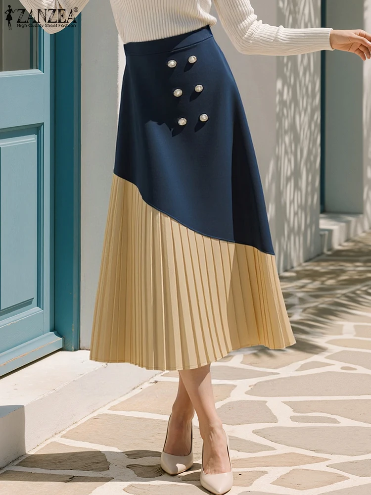 2025年 ザンゼア 秋 エレガント ハイウエスト オフィススカート レディース おしゃれ パッチワーク ファルダス サイヤ プリーツスカート Aライン パーティー サマードレス ローブ