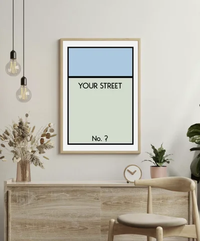 Monopoly Style Street Canvas Wall Art Prints, Color Block Typography Poster, Custom Address Wall Decor for Living Room Entryway