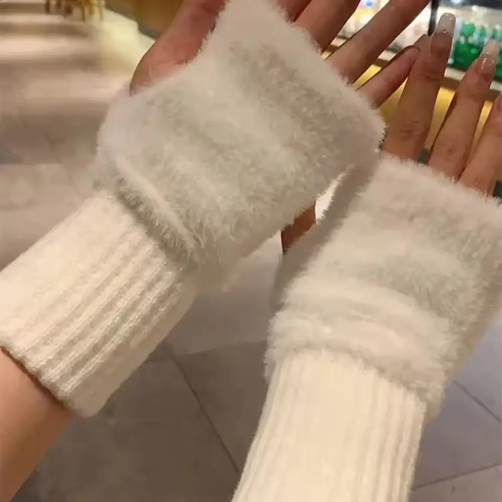 Luxury Soft Half Finger Gloves Solid Colors Fleece Knitted Gloves Winter Warm Autumn Winter