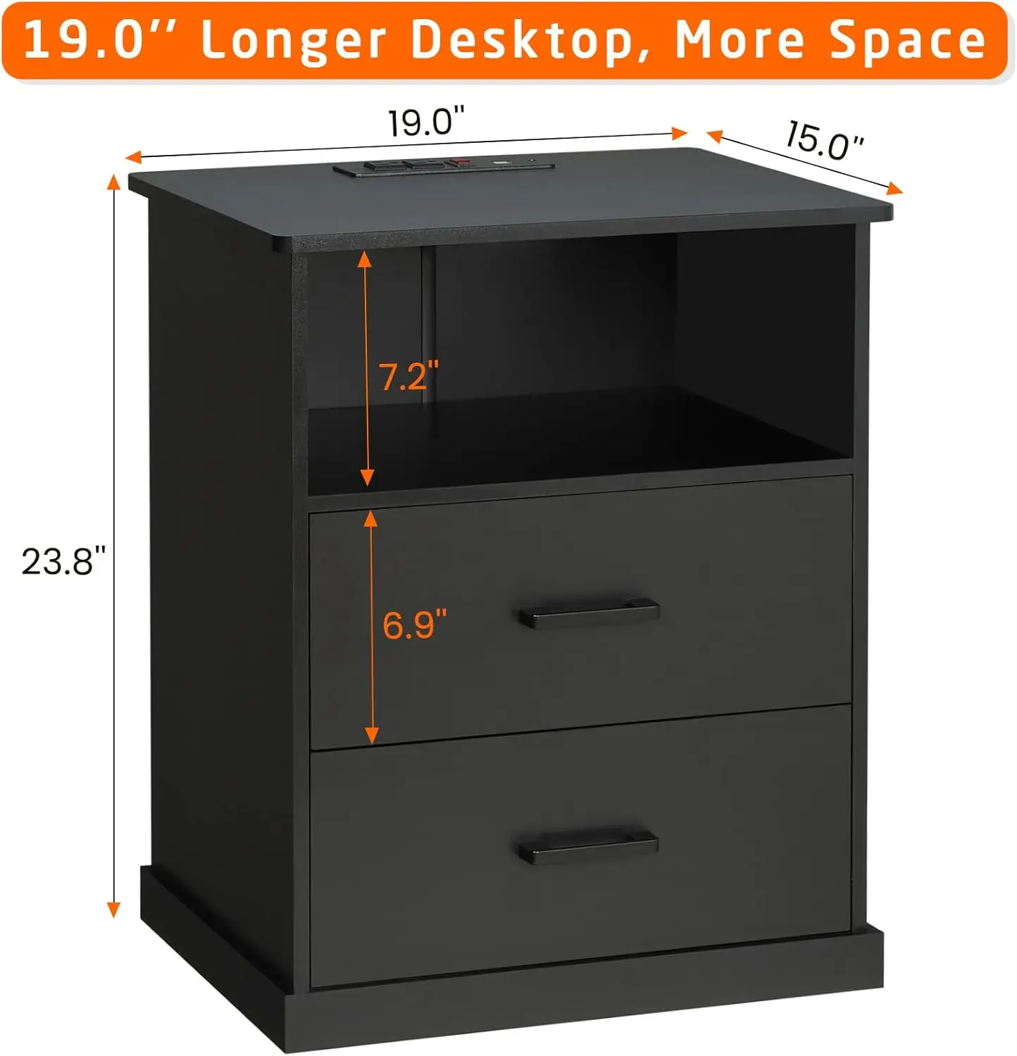 

Hasuit Night Stand With Charging Station, Large Nightstand With Storage Drawers And Open Cubby, Black Bedside Side End Table