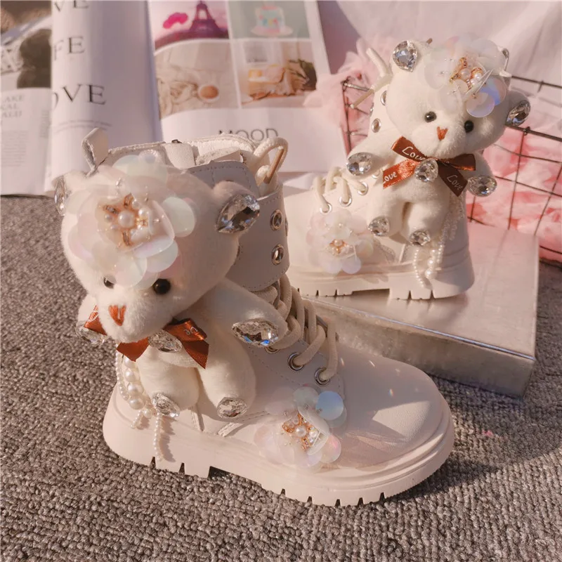 Bling Fashion Cartoon Bear Princess Chelsea Ankle Boots Children Rhinestones High Tops Autumn Winter Plush Baby Girls\' Shoes