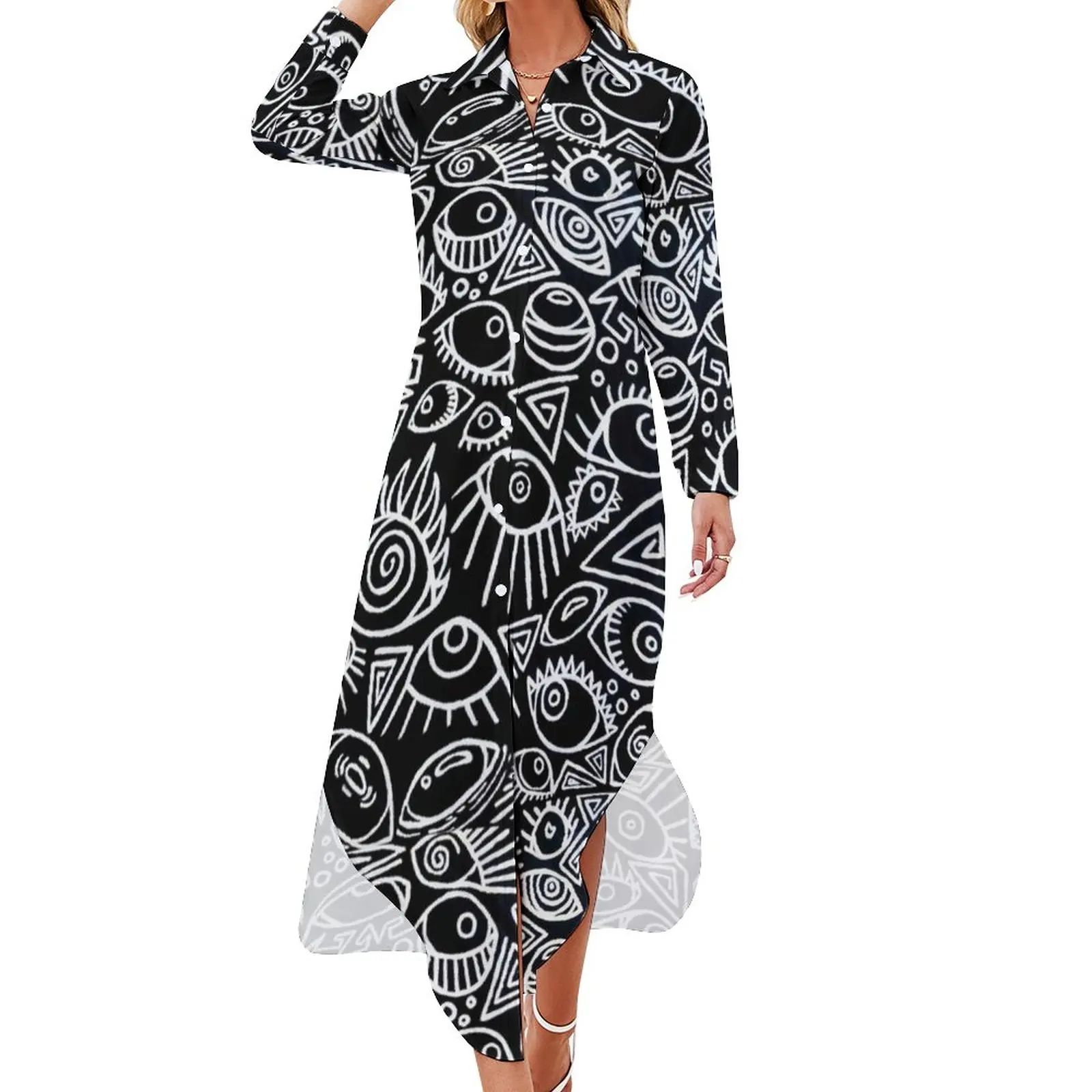 

Black And White Eyes Casual Dress Busy Vision Geometric Aesthetic Street Wear Dresses Sexy V Neck Elegant Chiffon Dress 4XL 5XL