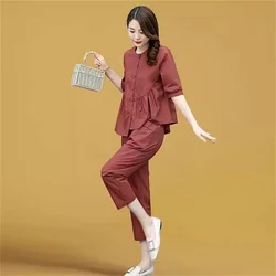 Mom's Summer Short Sleeved Shirt And Pant Set 2024 New Women's Fashion Casual Top And Western Style Slimming Pants Two Piece Set