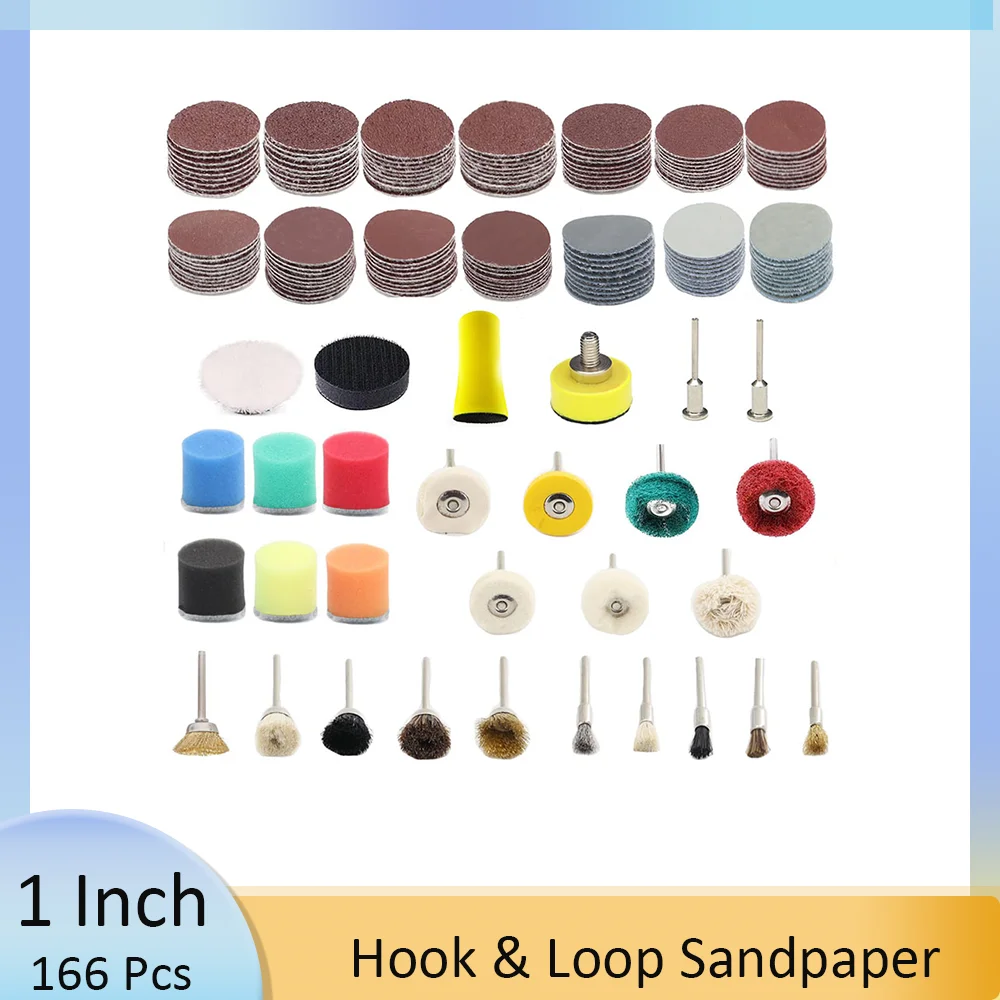 1Inch Hook & Loop Sandpaper Kit 166 Pcs 60#-7000# Grit with 1/8” Shank Backing Pad Interface Pad for Drill Grinder Rotary Tools