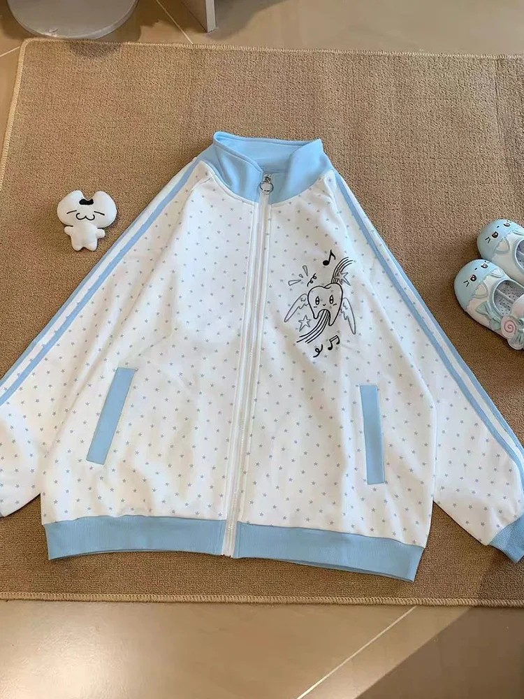 Sweet Kawaii Striped Sweatshirts Women Vintage Dot Loose Long Sleeve Hoodies Japan Spring Dot Stand Collar Preppy Style Tops New