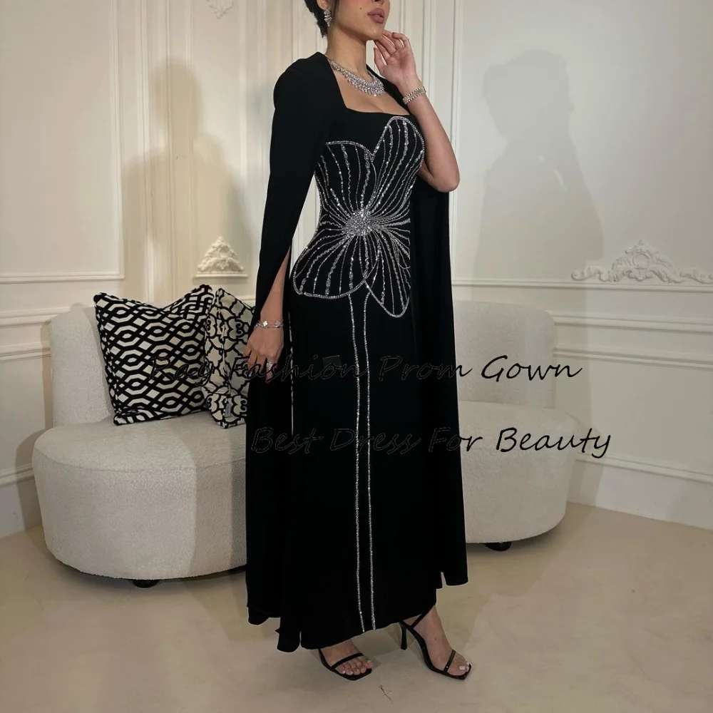 Ray Fashion Brilliant Evening Dress Square Neck Beading Long Sleeves Ankle Lenth For Formal Occasion Saudi Arabia فساتين سهرة